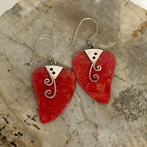 Sterling Silver 925 1.83" Red Sponge Coral Scrollwork Dangle Earrings 4.6g